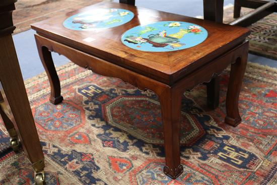 A Chinese table with two inset enamel plaques, W.82cm